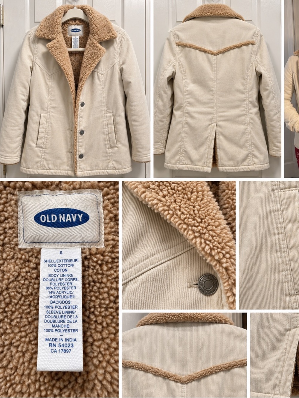 Vintage Y2K Old Navy Corduroy Sherpa Lined Coat Size S Cream Tan